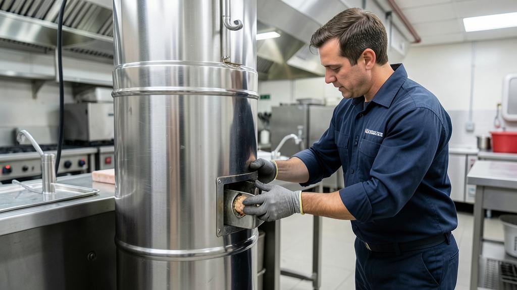 Monteur onderhoudt een vetafscheider in een professionele keuken